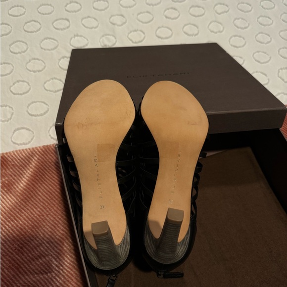LIKE NEW - Elie Tahari Black Gladiator Strap Leather Heeled Sandals - Size 37 - Picture 9 of 16
